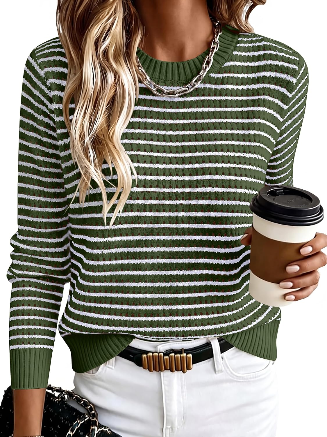Cecilia Women's Striped Knit Sweater – Crew Neck Lightweight Long Sleeve Pullover