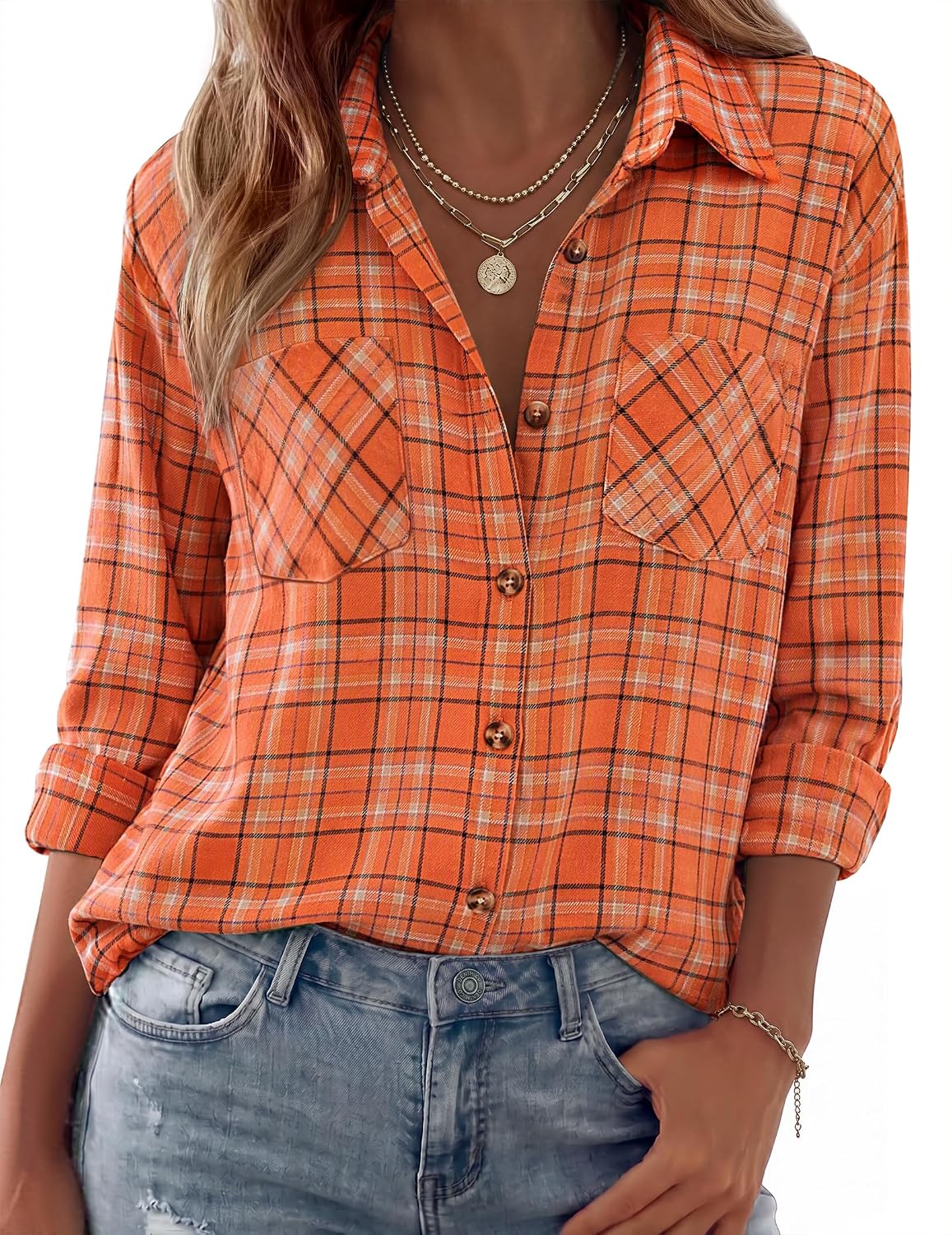 Grishilde Women's Plaid Flannel Shirt – Loose Silhouette, Front Chest Pockets & Button-Up Front