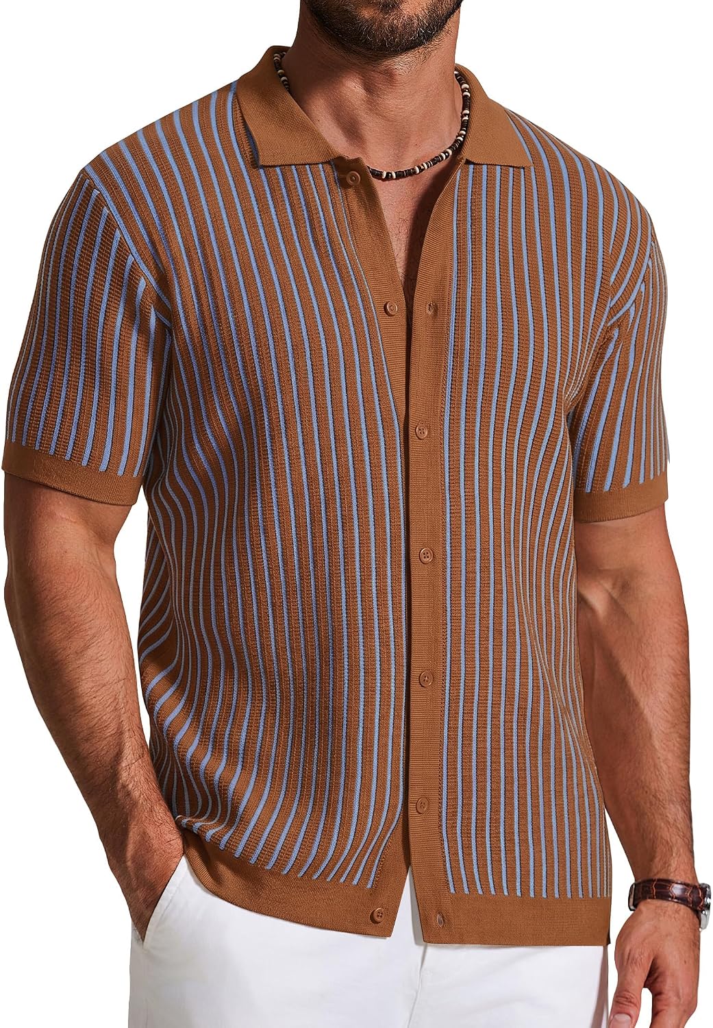 Orsolya Men's Retro Knit Shirt – Colour-Block Stripes, Collar & Button-Down Front