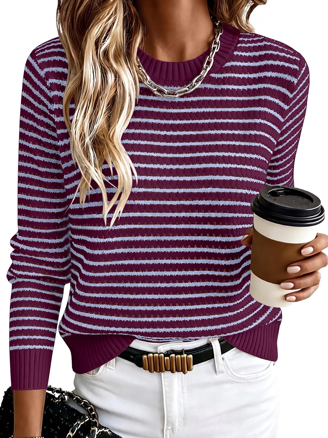 Cecilia Women's Striped Knit Sweater – Crew Neck Lightweight Long Sleeve Pullover