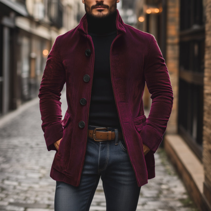 Valdemar Men's Corduroy Coat – Fitted Silhouette with Mandarin Collar & Sophisticated Side Slip Pockets