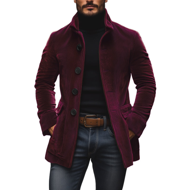 Valdemar Men's Corduroy Coat – Fitted Silhouette with Mandarin Collar & Sophisticated Side Slip Pockets