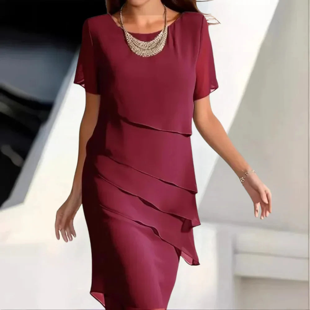 Umeko Women's Midi Dress – Refined Chiffon Dress with Tiered Design and Refined Details