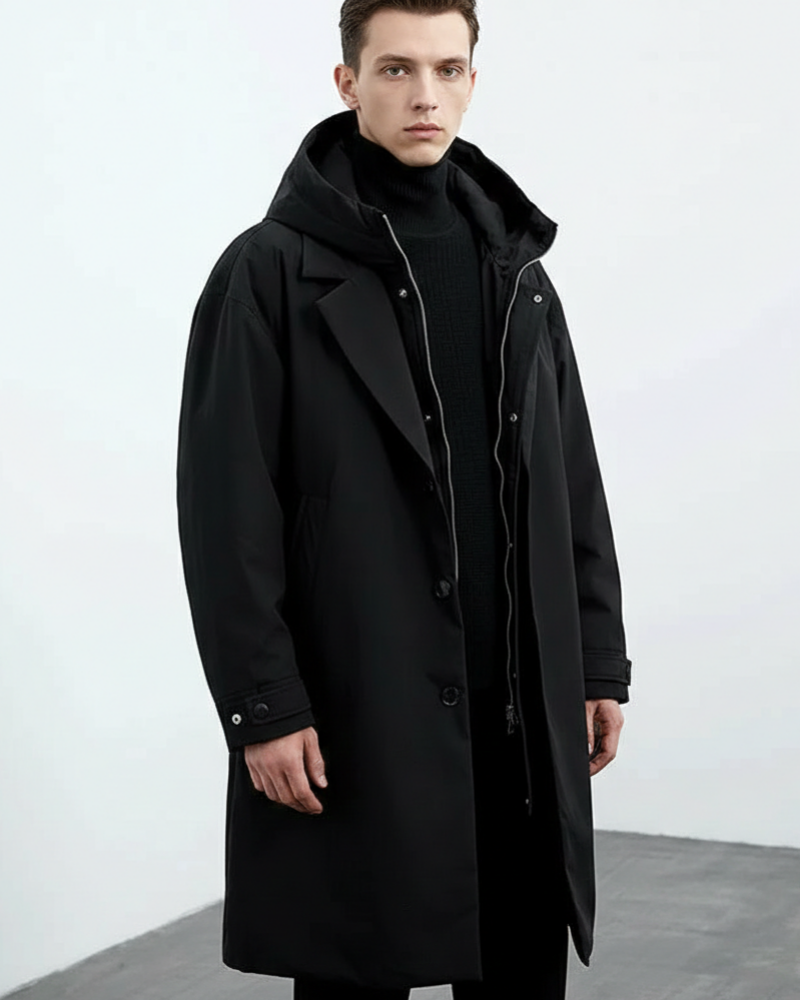 Ingrida Men's Long Waterproof Trench Coat – Quilted Lining, Hood & Winter Warmth