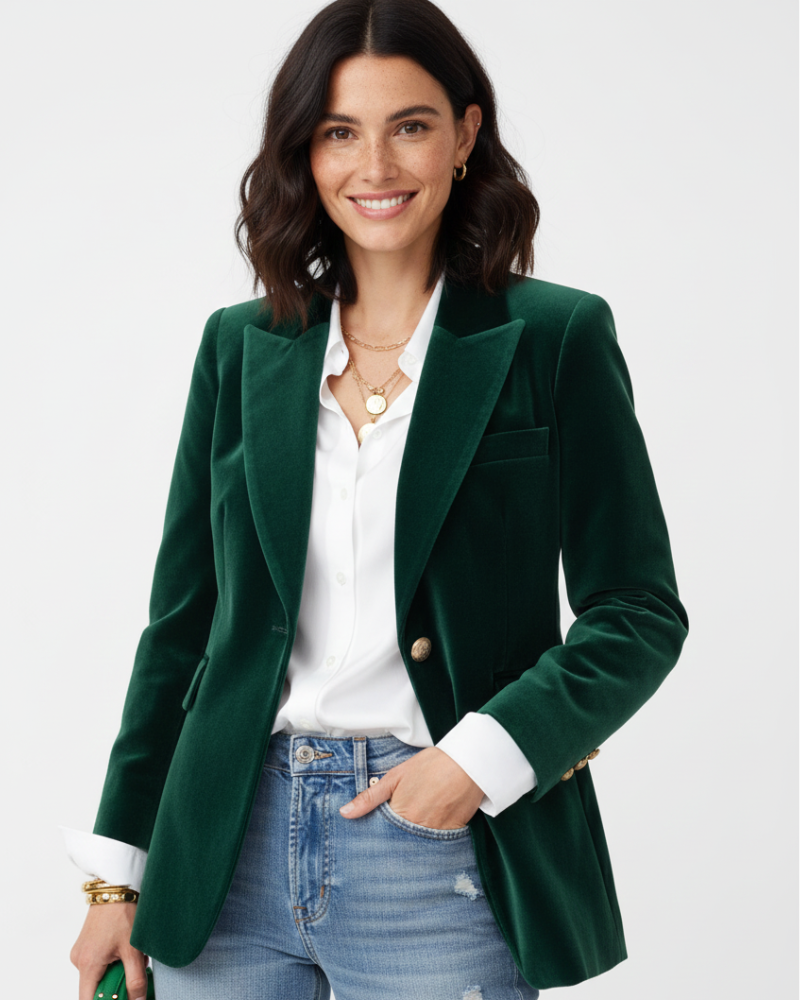 Pryderi Velvet Blazer for Women – Chic Green Jacket with Gold Buttons & Sophisticated Fit