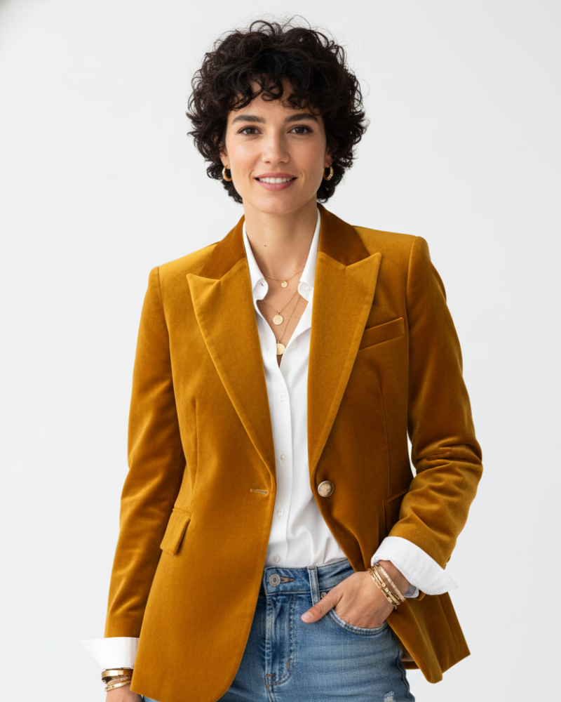 Pryderi Velvet Blazer for Women – Chic Green Jacket with Gold Buttons & Sophisticated Fit
