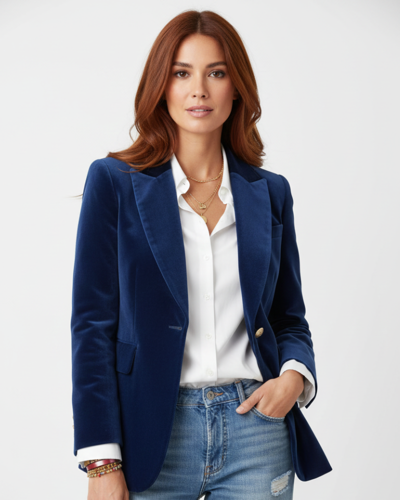 Pryderi Velvet Blazer for Women – Chic Green Jacket with Gold Buttons & Sophisticated Fit