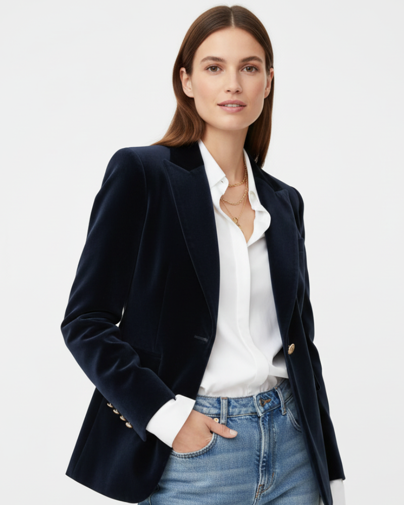 Pryderi Velvet Blazer for Women – Chic Green Jacket with Gold Buttons & Sophisticated Fit
