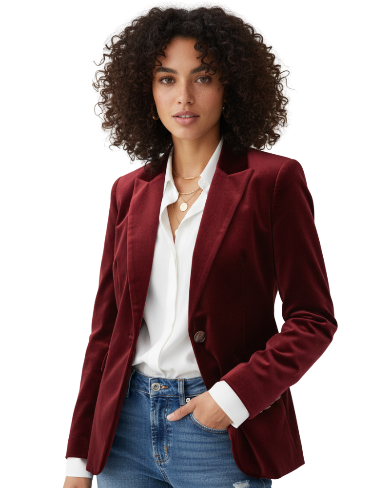 Pryderi Velvet Blazer for Women – Chic Green Jacket with Gold Buttons & Sophisticated Fit