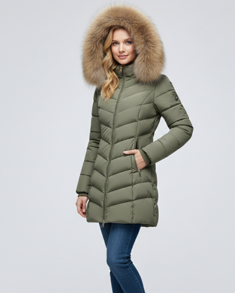 Godfrida Women's With Hood Puffer Jacket – Chevron Quilting & Faux Fur Collar