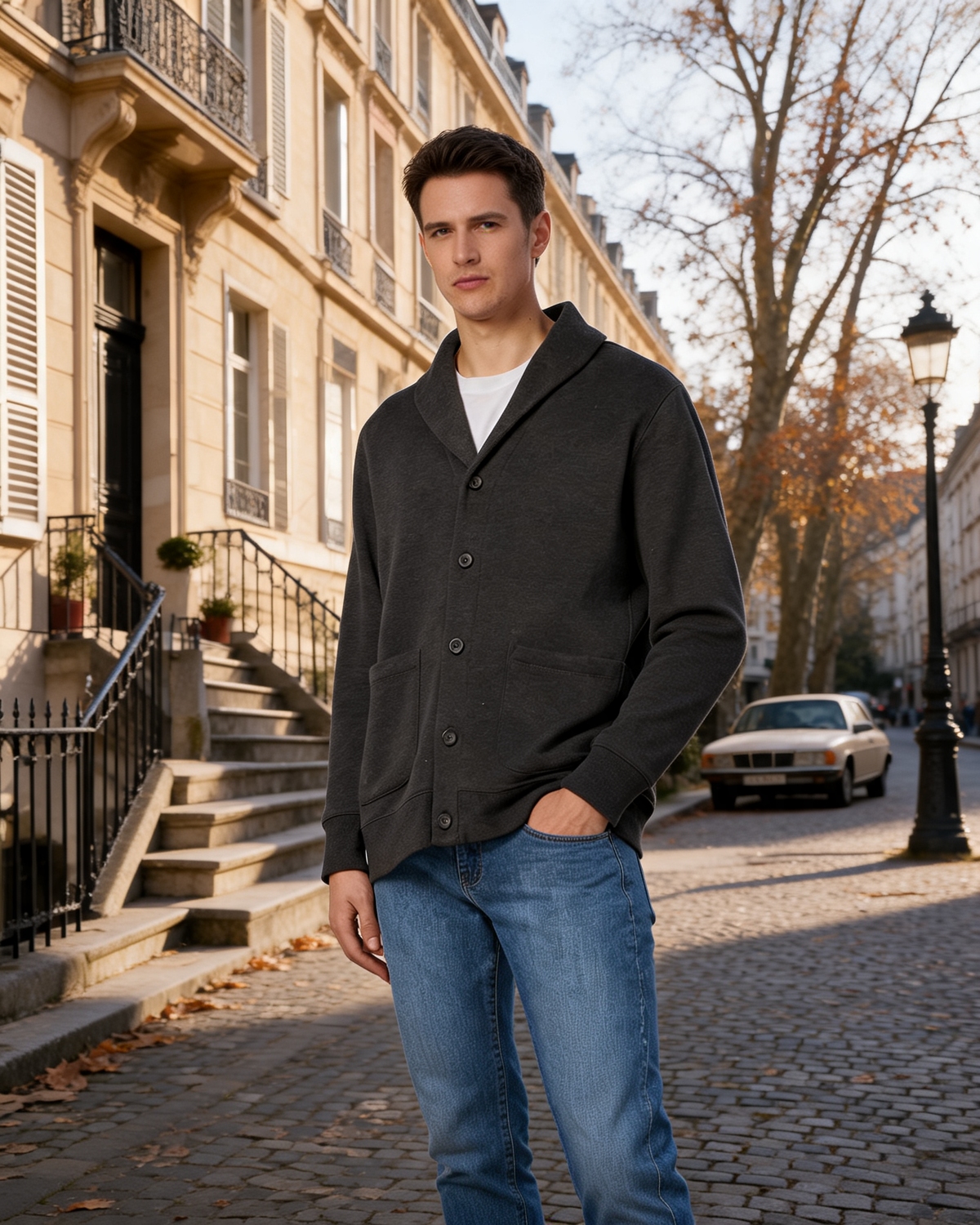 Robert Men's Sherpa-Lined Cardigan – Shawl Collar, Brushed Fleece & Ribbed Trims