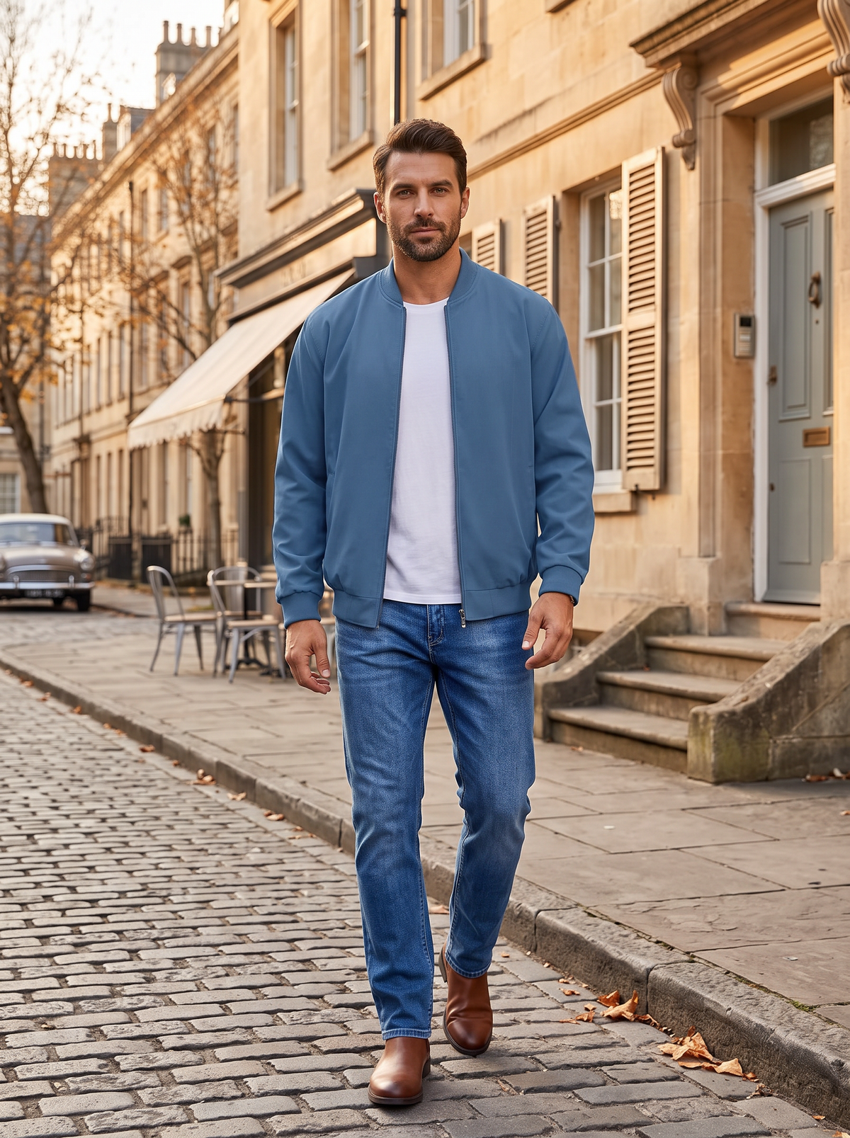 Florentine Men's Linen Bomber Jacket – Full-Length Zipper, Ribbed Detailing & Side Slip Pockets