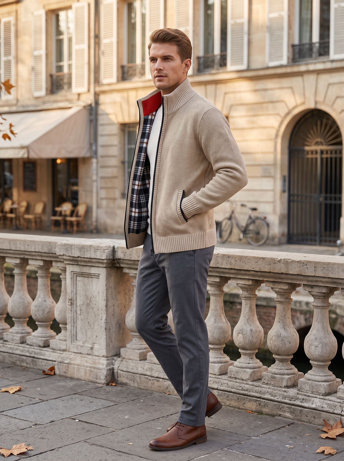 Thalassa Men's Knit Jacket – Plaid Fleece-Lined Interior, Mandarin Collar & Zip-Up Front