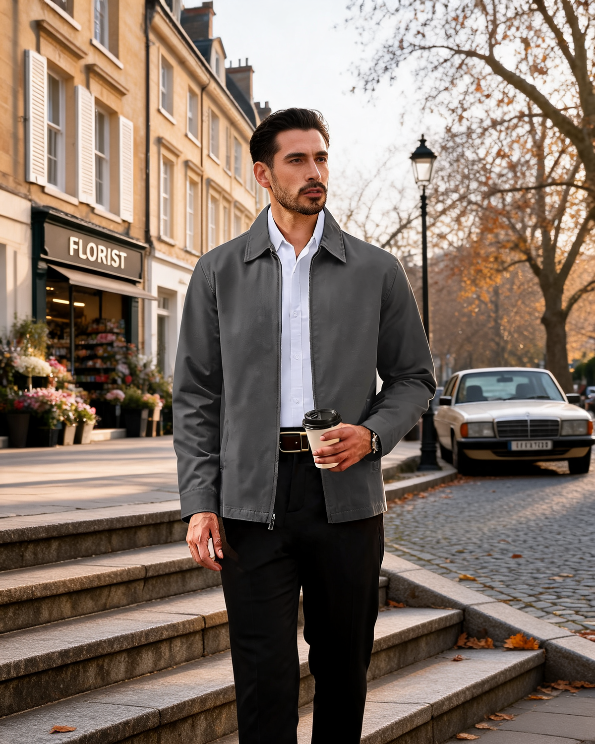 Brian Men's Cotton-Blend Twill Jacket – Full Zip, Turn-Down Collar & 3 Pockets