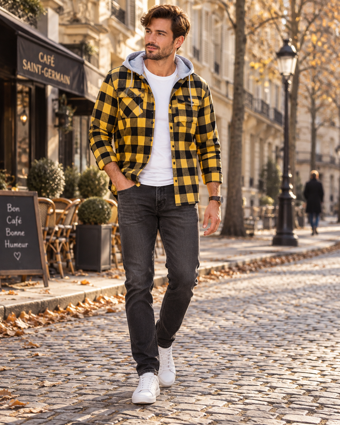 Derek Men's Plaid Hooded Flannel Shirt – Button Front, Drawstring Hood & Chest Pocket