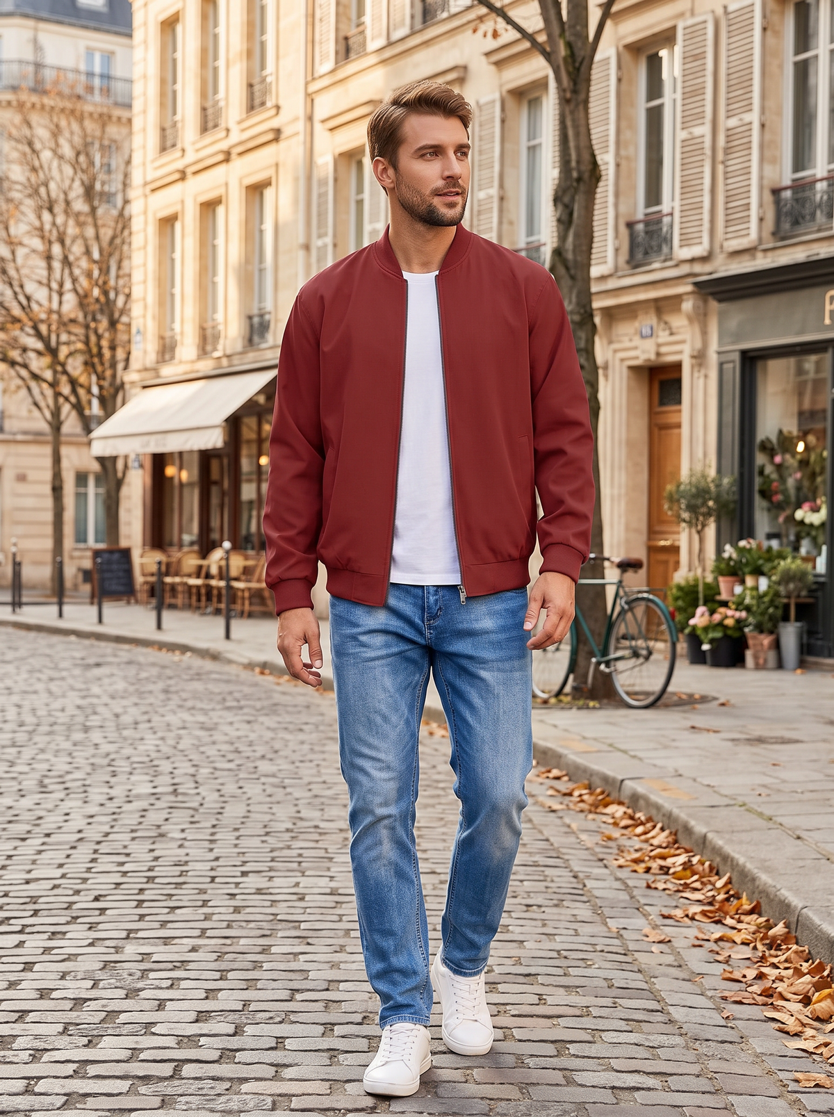 Florentine Men's Linen Bomber Jacket – Full-Length Zipper, Ribbed Detailing & Side Slip Pockets