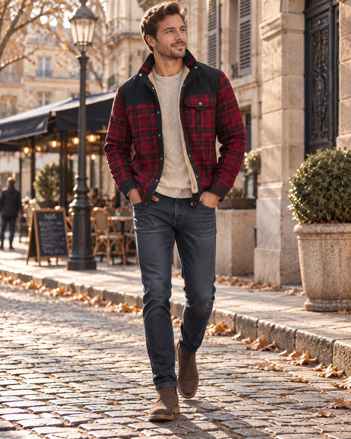 Dominic Men's Plaid Sherpa Jacket – Fleece Lined Corduroy Trim Button-Up Shacket