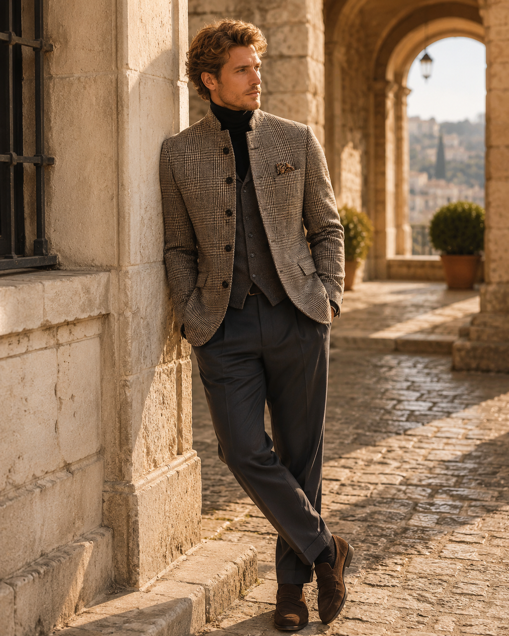 Gwenna Men's Tweed Plaid Jacket – Mandarin Collar, Retro Style & Casual Fit