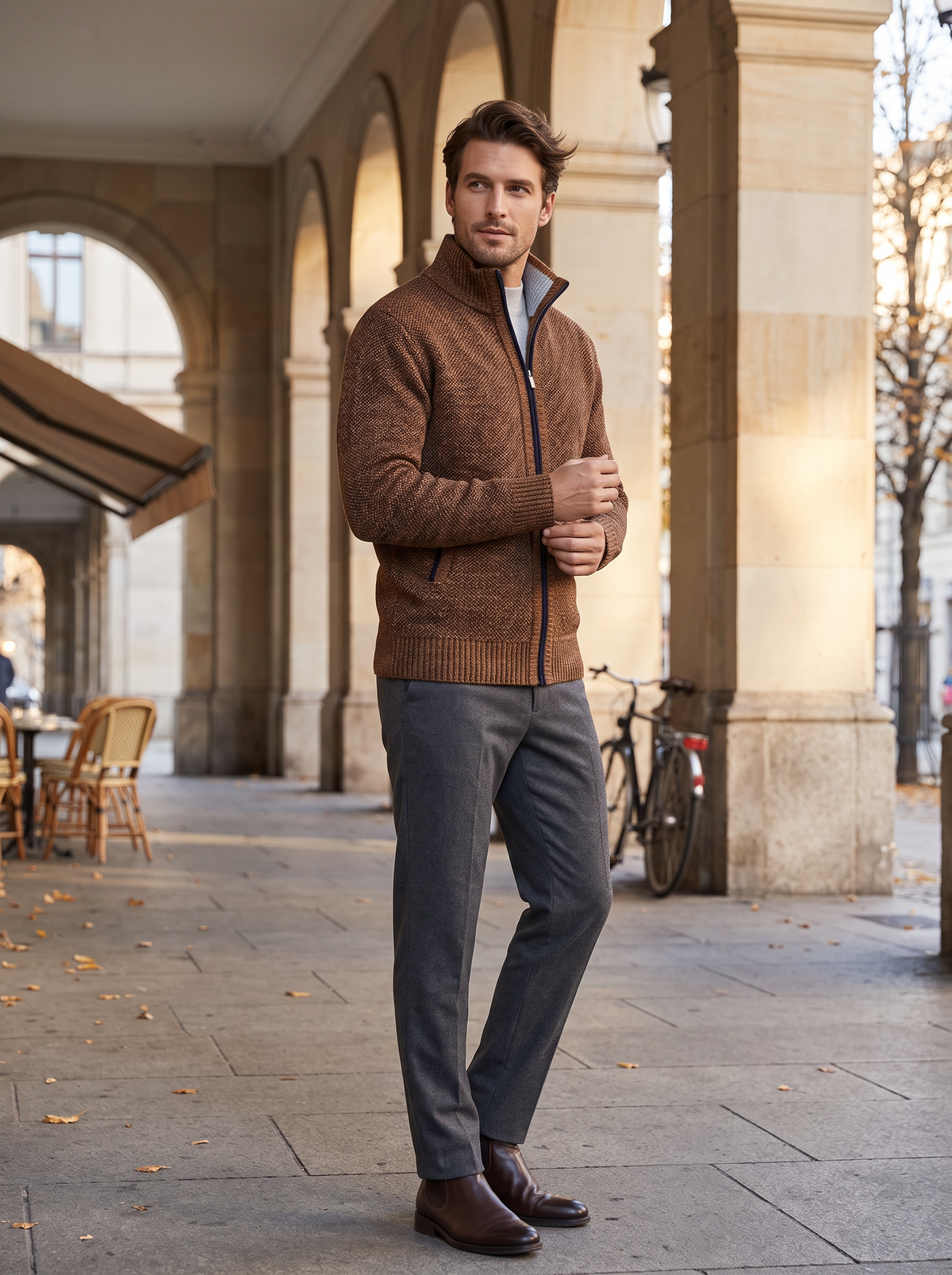 Thalassa Men's Knit Jacket – Plaid Fleece-Lined Interior, Mandarin Collar & Zip-Up Front