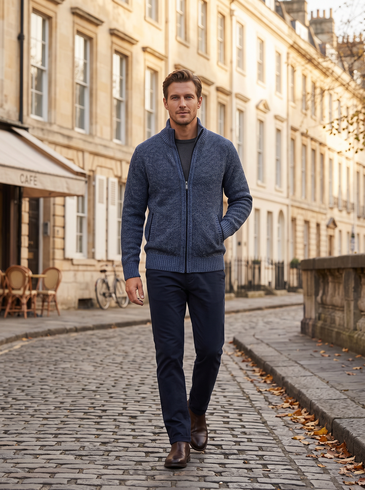 Thalassa Men's Knit Jacket – Plaid Fleece-Lined Interior, Mandarin Collar & Zip-Up Front