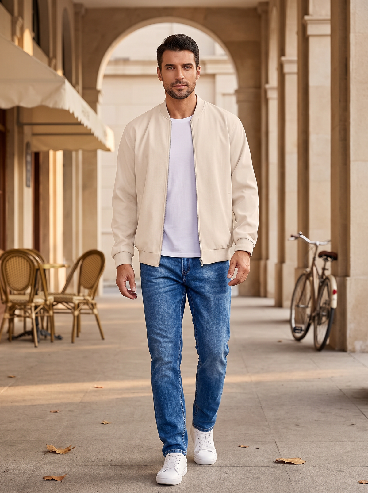 Florentine Men's Linen Bomber Jacket – Full-Length Zipper, Ribbed Detailing & Side Slip Pockets