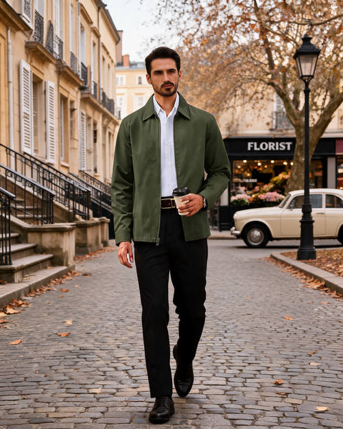 Brian Men's Cotton-Blend Twill Jacket – Full Zip, Turn-Down Collar & 3 Pockets