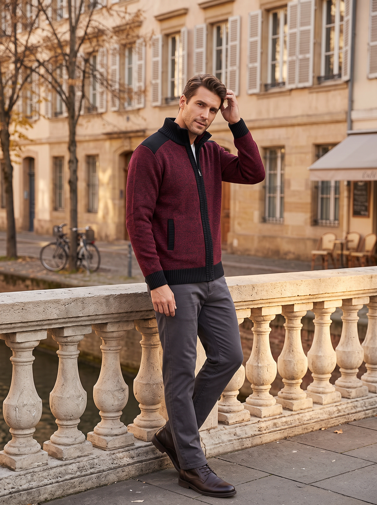 Thalassa Men's Knit Jacket – Plaid Fleece-Lined Interior, Mandarin Collar & Zip-Up Front