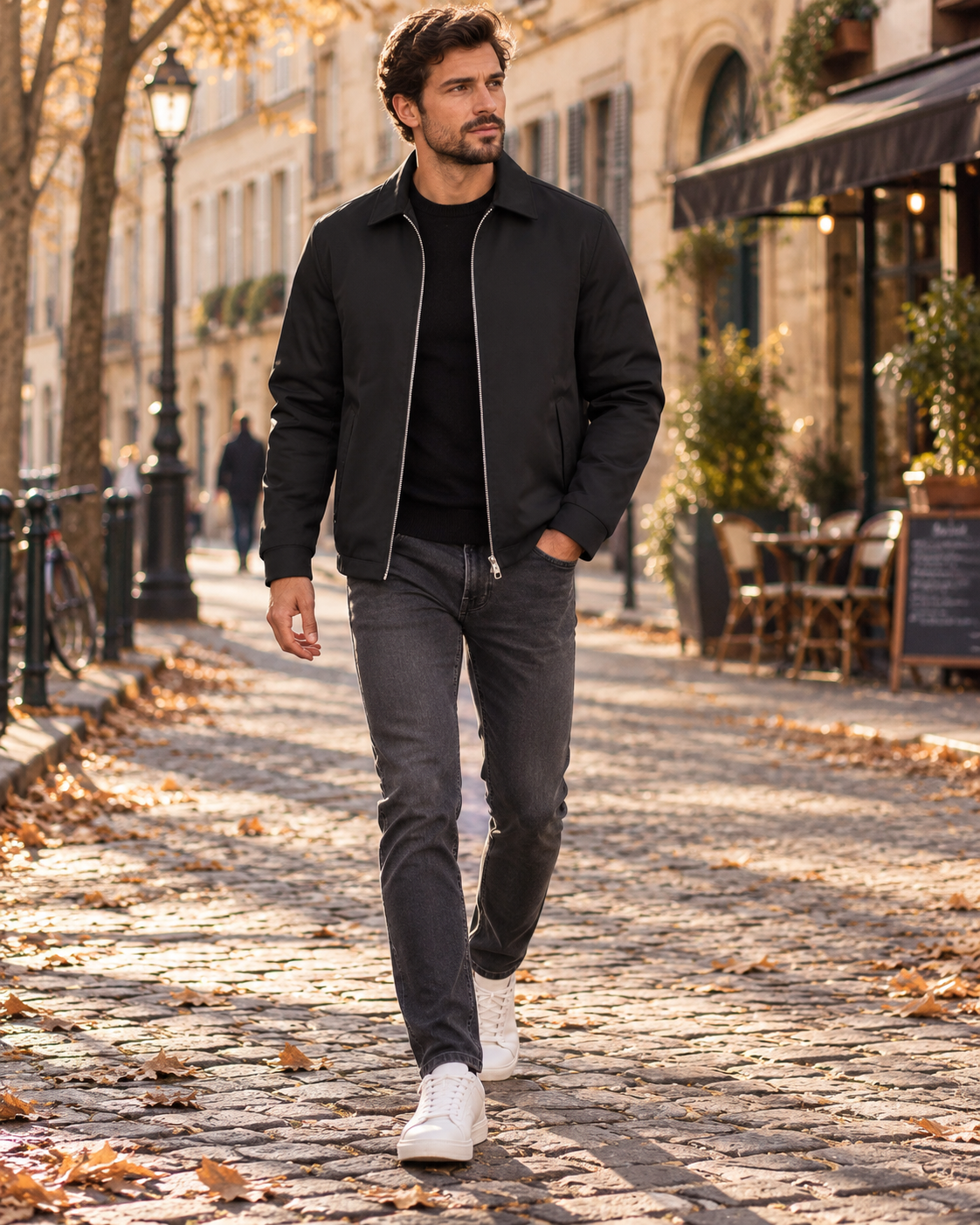 George Men's Lightweight Zip Jacket – Laydown Collar, Snap Cuffs & 3 Pockets