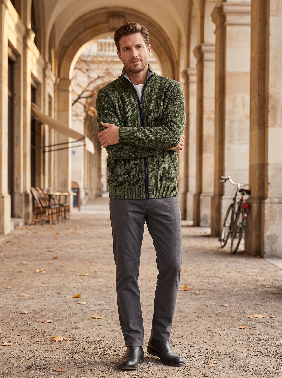 Thalassa Men's Knit Jacket – Plaid Fleece-Lined Interior, Mandarin Collar & Zip-Up Front
