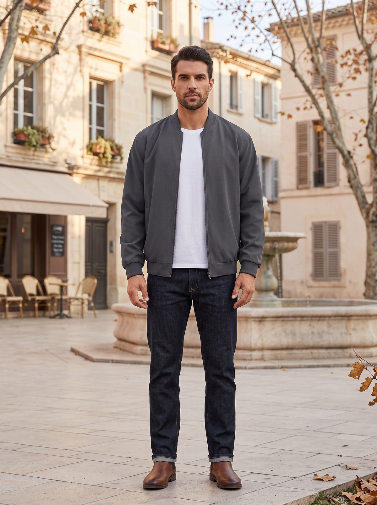Florentine Men's Linen Bomber Jacket – Full-Length Zipper, Ribbed Detailing & Side Slip Pockets