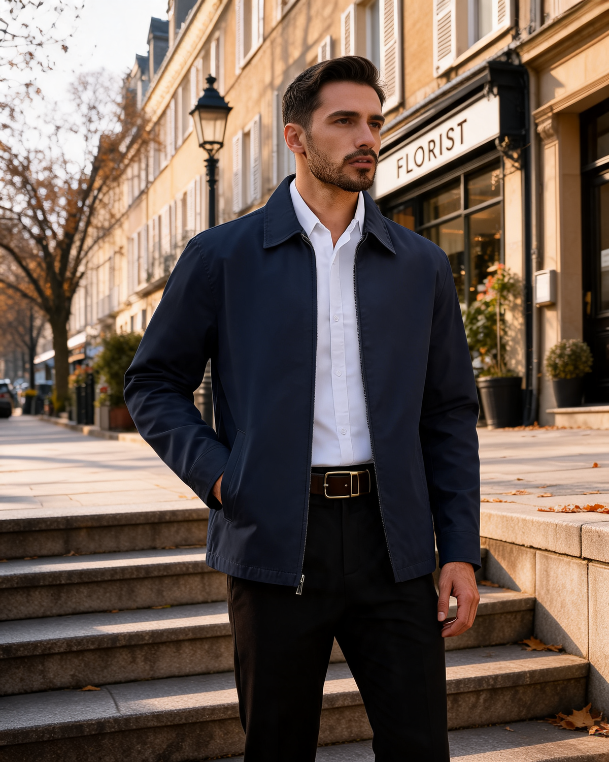 Brian Men's Cotton-Blend Twill Jacket – Full Zip, Turn-Down Collar & 3 Pockets