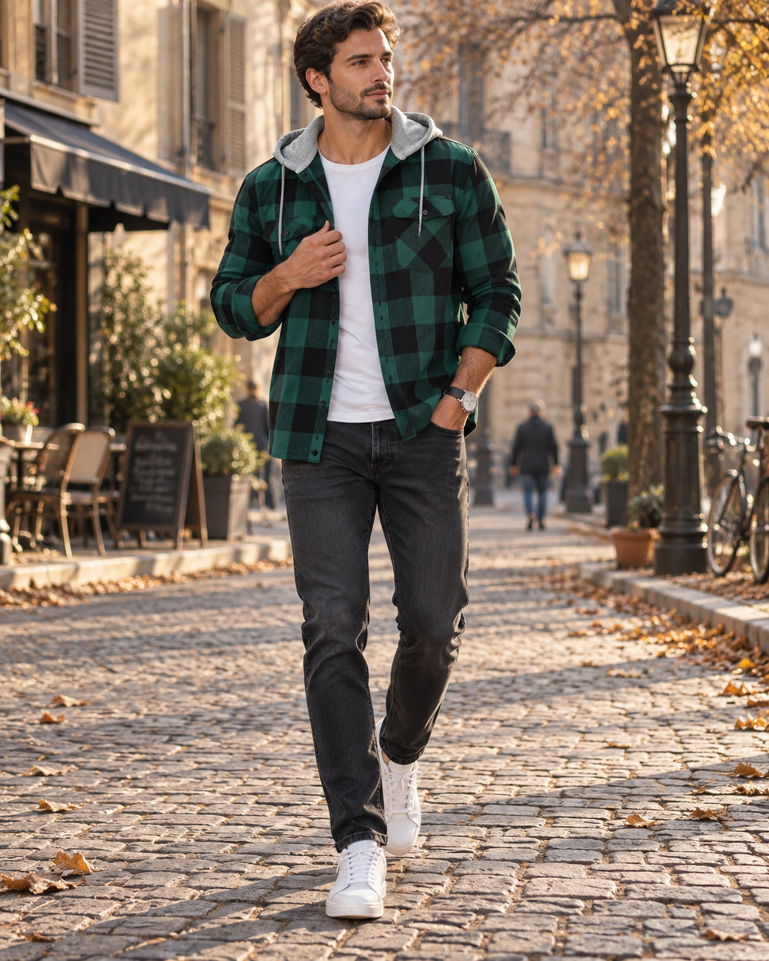 Derek Men's Plaid Hooded Flannel Shirt – Button Front, Drawstring Hood & Chest Pocket