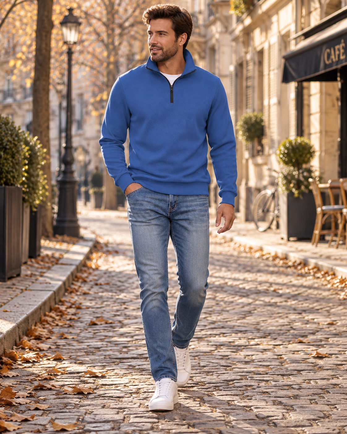 Robert Men's Quilted Quarter-Zip Pullover – Polo Collar, Long Sleeves & Ribbed Cuffs