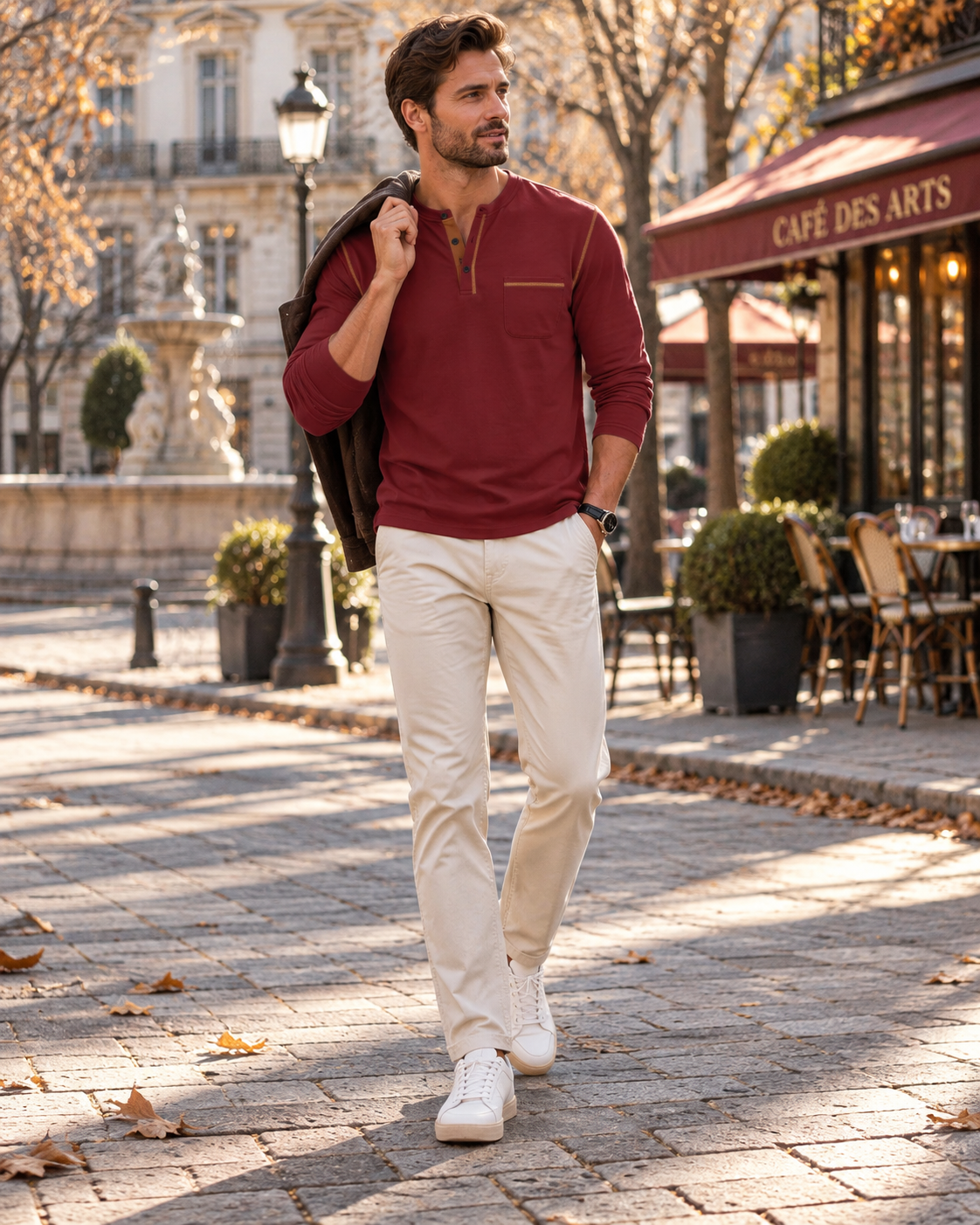 Eric Men's Long-Sleeve Shirt – 3-Button Collar, Fitted Cut & Contrast Lines