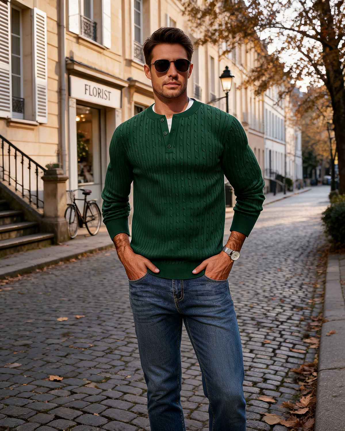 Jonathan Men's Cable Knit Henley Sweater – Crew Neck, 3-Button Detail & Slim Fit