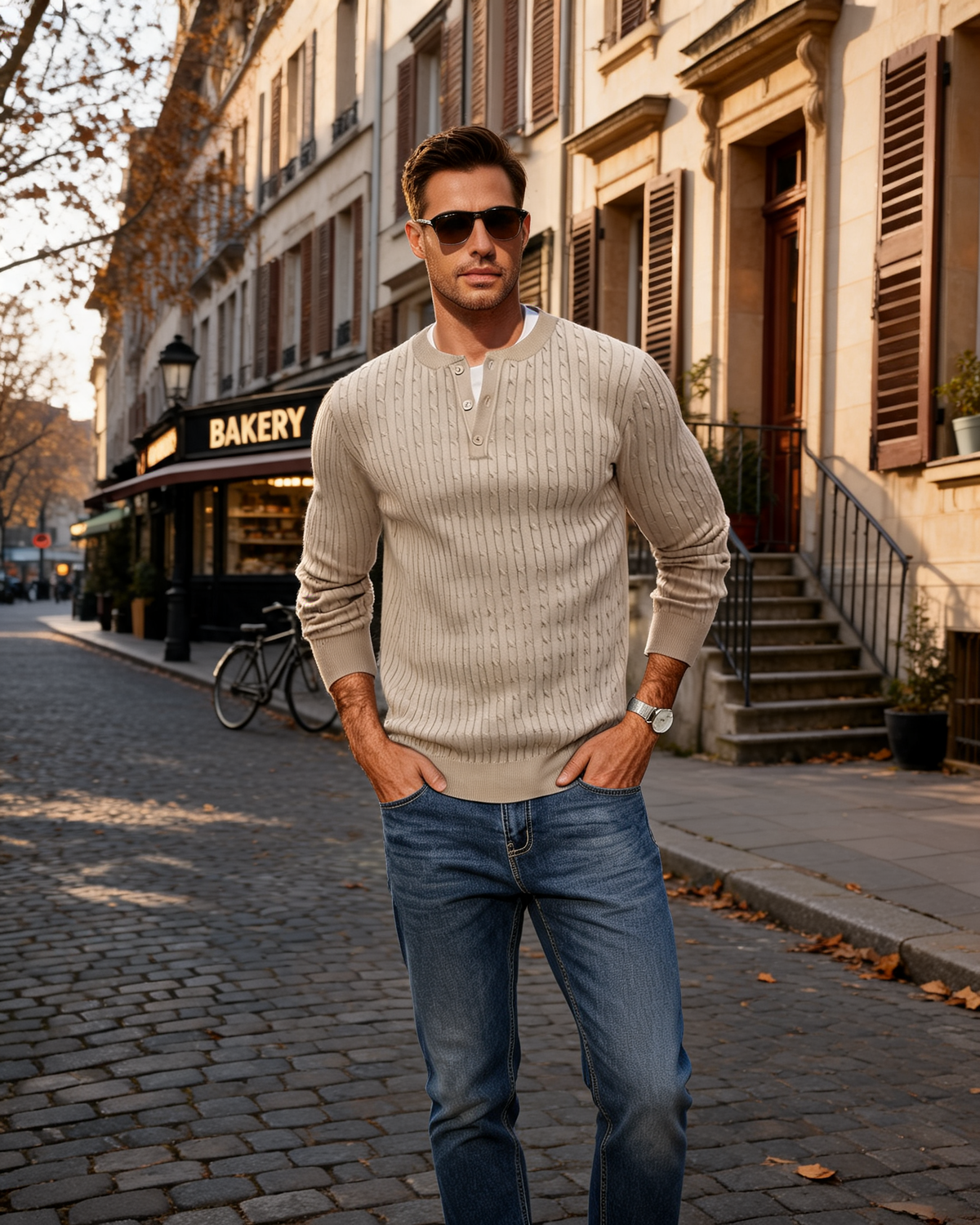 Jonathan Men's Cable Knit Henley Sweater – Crew Neck, 3-Button Detail & Slim Fit
