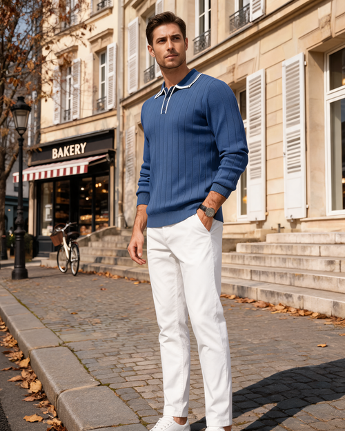 Christopher Men's Knit Polo Sweater – Slim Fit, 3-Button Collar & Ribbed Trims