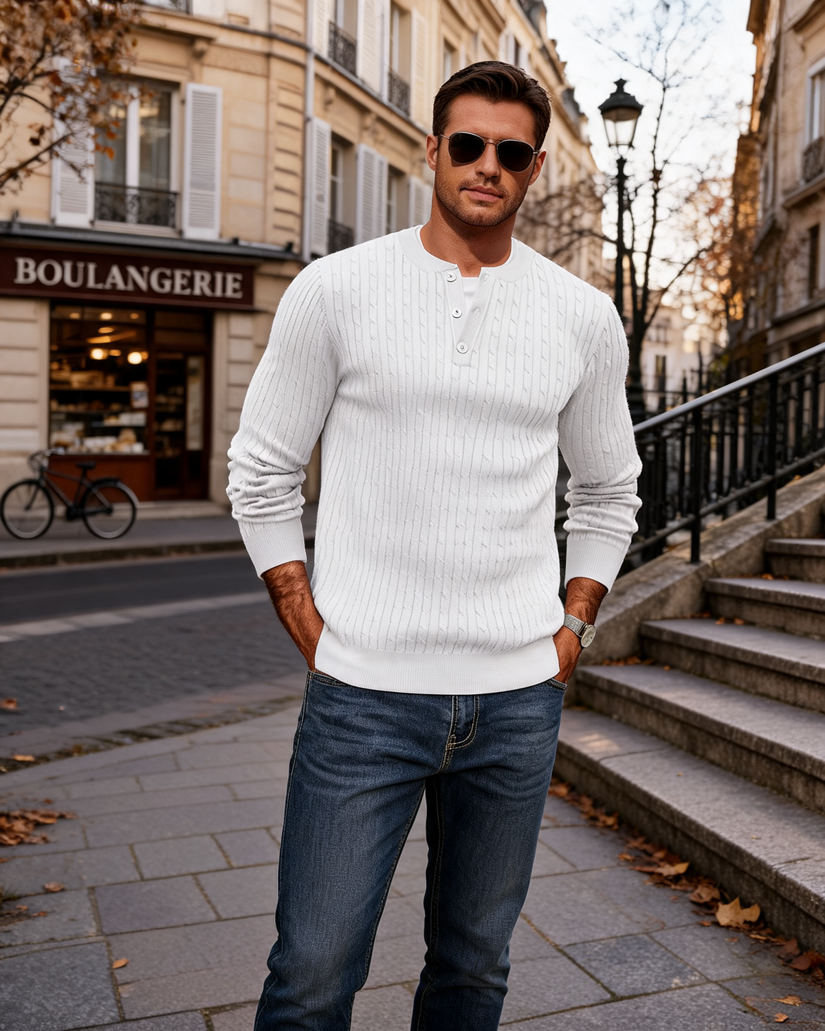 Jonathan Men's Cable Knit Henley Sweater – Crew Neck, 3-Button Detail & Slim Fit