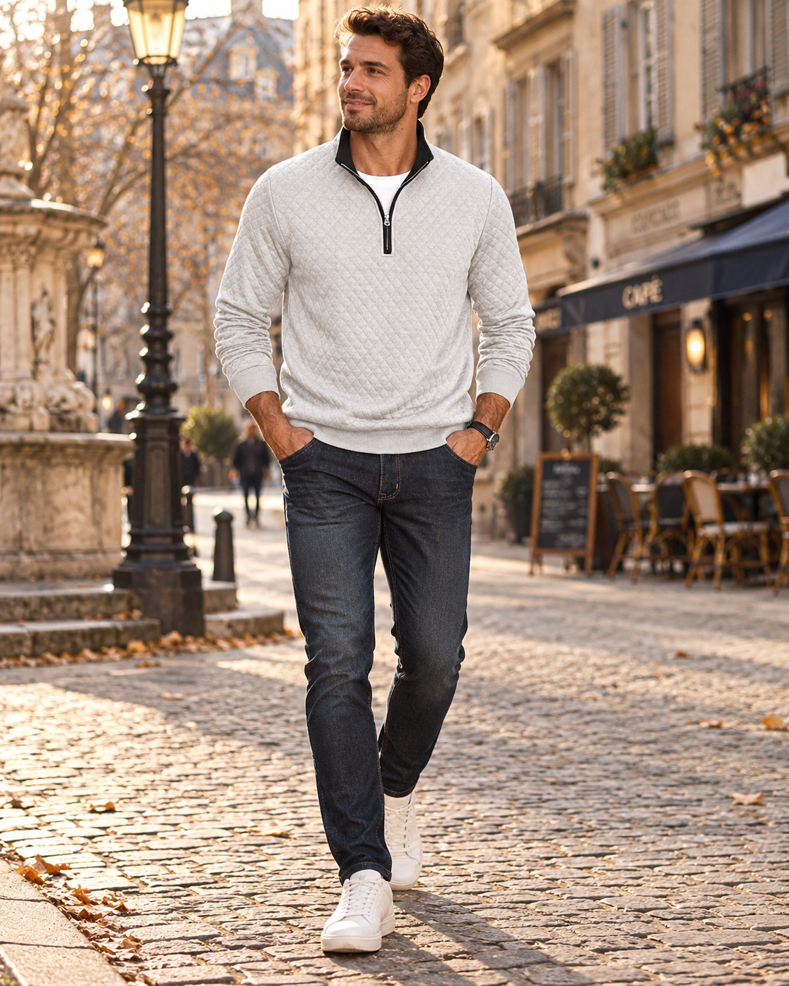 Elijah Men's Quilted Quarter-Zip Pullover – High Neck, Contrast Zip & Long Sleeves