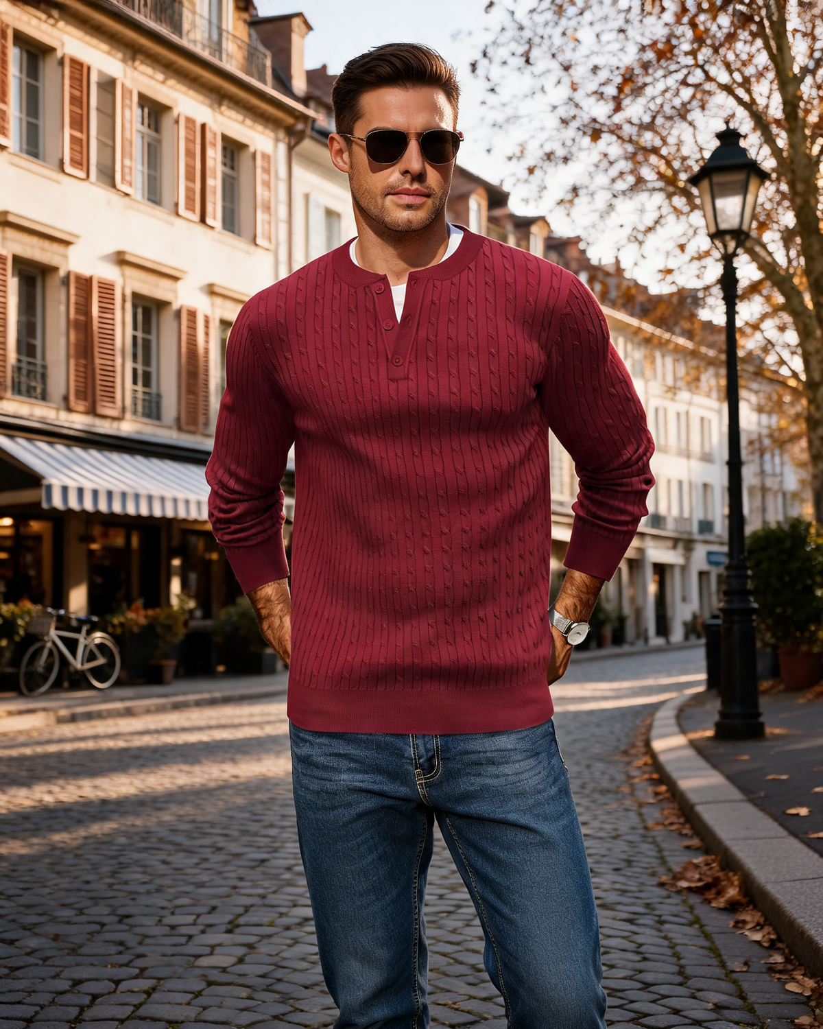 Jonathan Men's Cable Knit Henley Sweater – Crew Neck, 3-Button Detail & Slim Fit