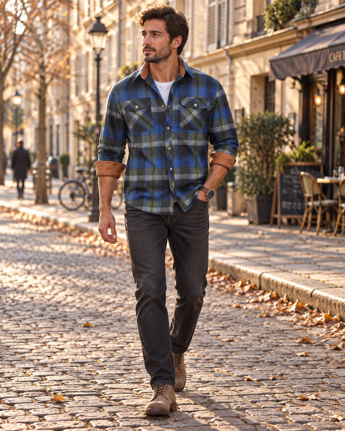 Alexander Men's Plaid Flannel Shirt – Button Front, Corduroy Trim & 2 Chest Pockets