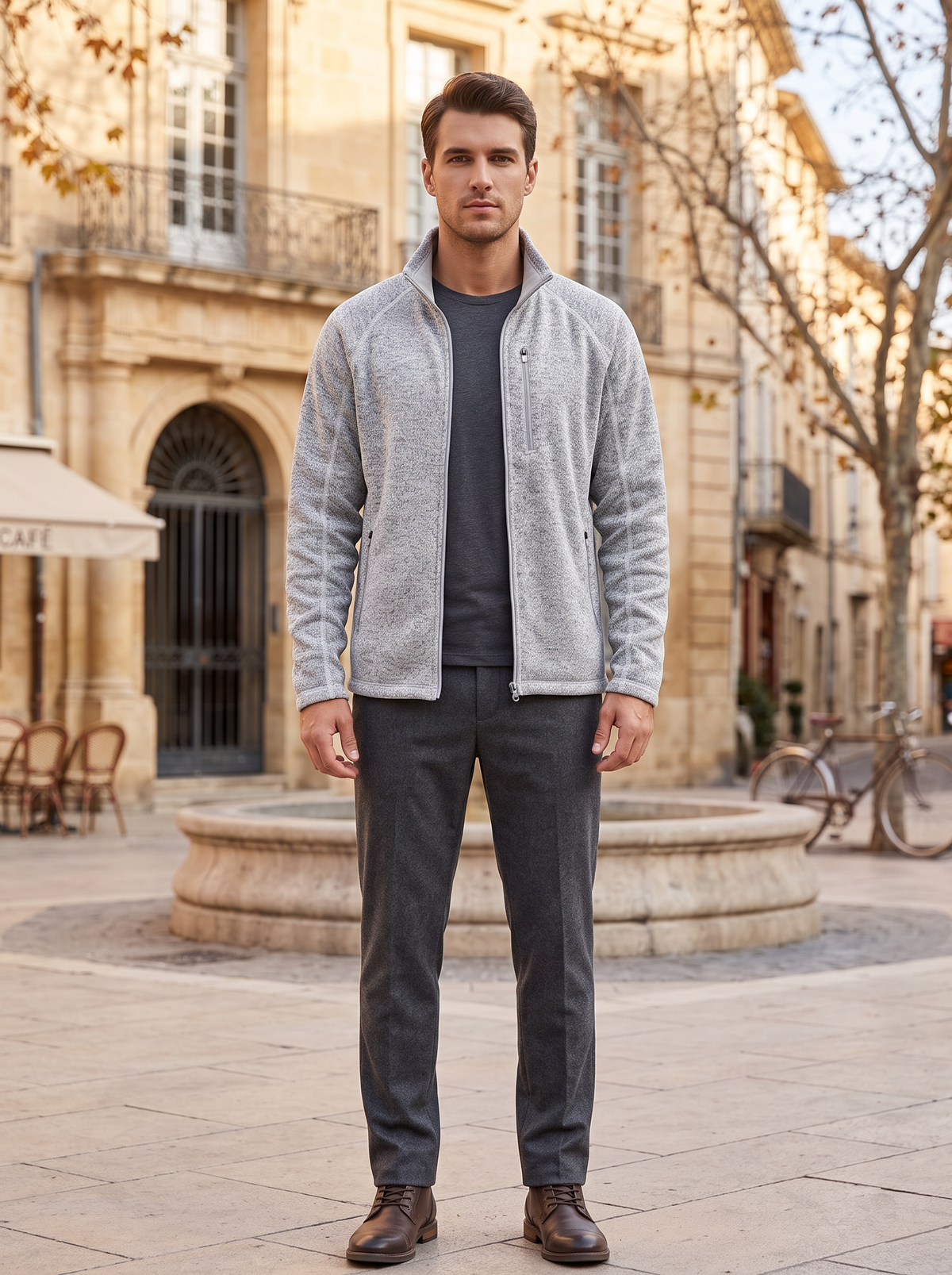 Jocasta Men's Fleece Jacket – Mandarin Collar, Zippered Pockets & Stretchy Material