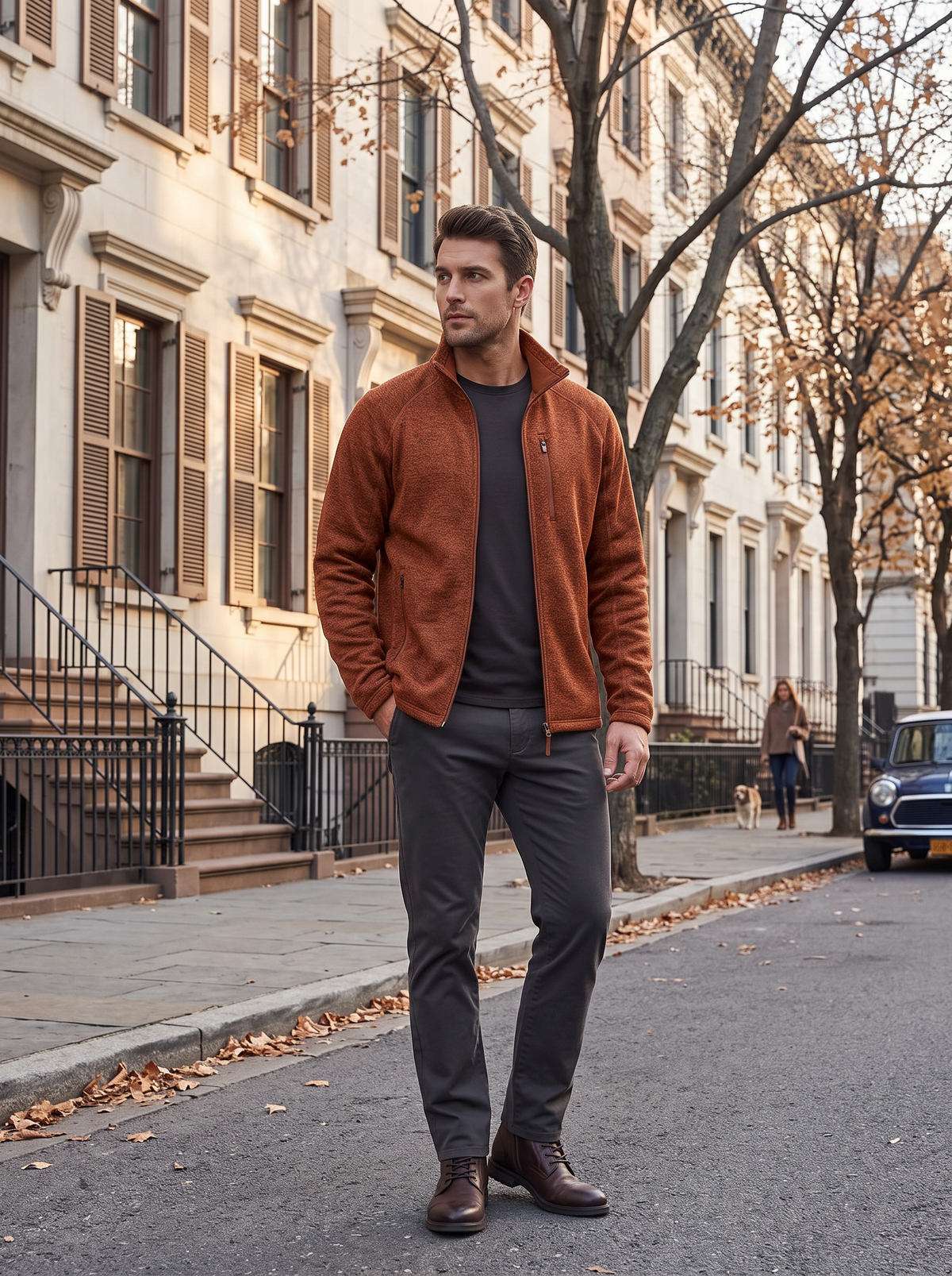 Jocasta Men's Fleece Jacket – Mandarin Collar, Zippered Pockets & Stretchy Material