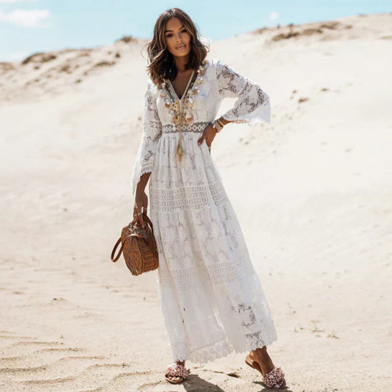 Jocasta Women's Dress – Full-Length Sleeves, Flowing Silhouette & Artsy Boho Accents