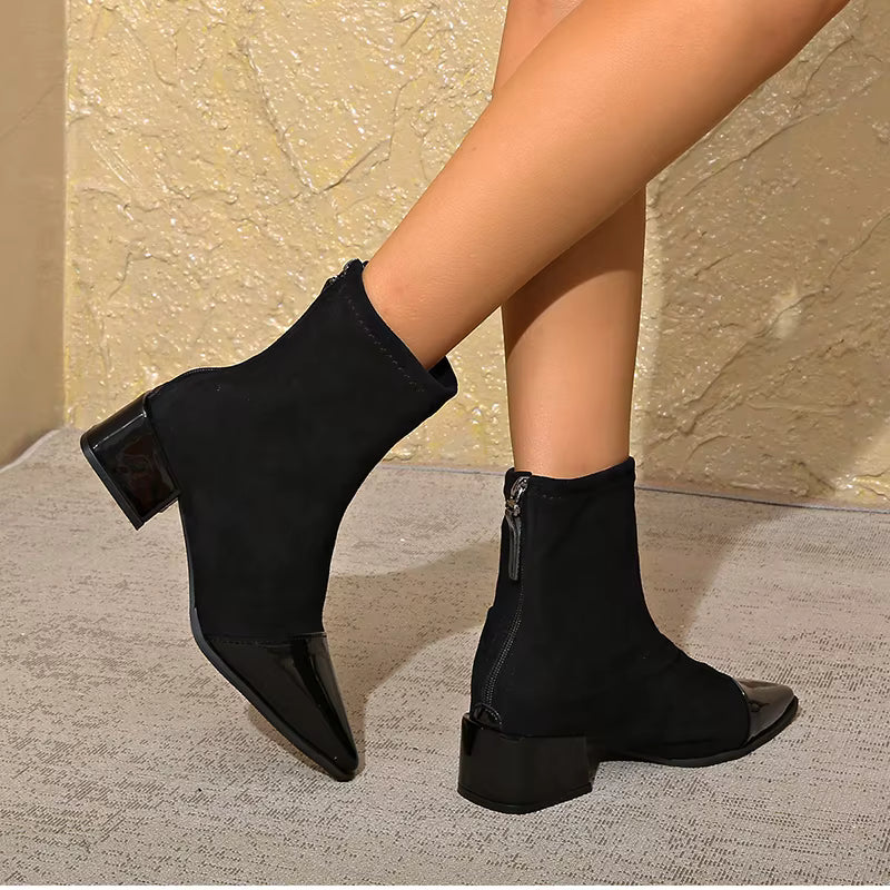 Yannick Ankle Boots for Women – Refined Suede Boots with Patent Accents & Comfy Block Heel