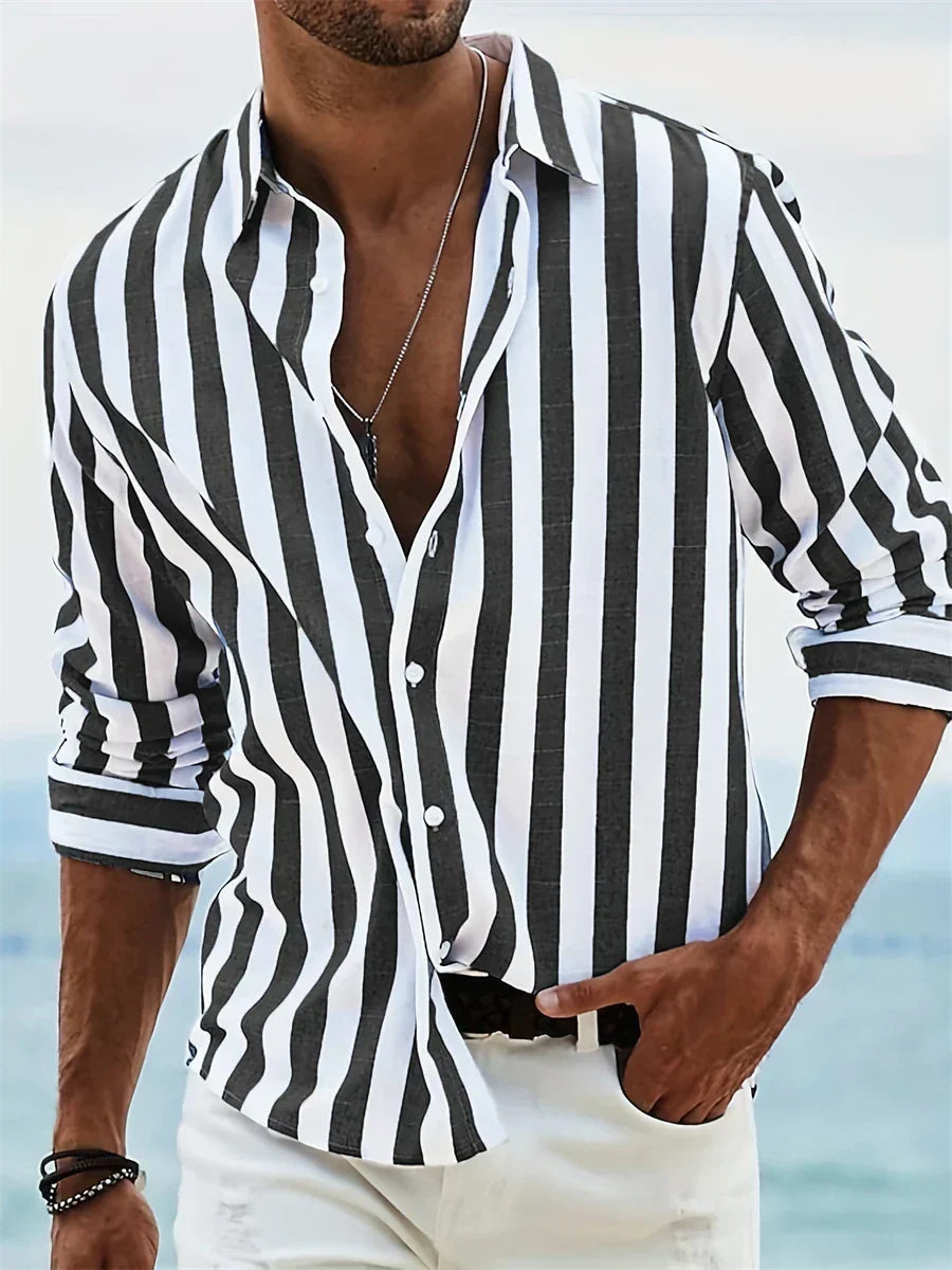 Wrenna Men's Summer Shirt – Light Blue Striped Cotton-Linen Blend with Easy Fit