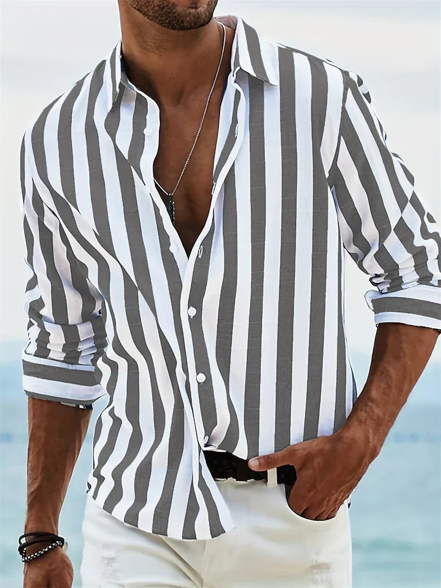 Wrenna Men's Summer Shirt – Light Blue Striped Cotton-Linen Blend with Easy Fit
