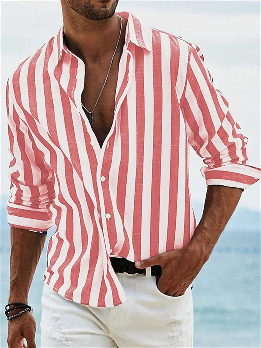 Wrenna Men's Summer Shirt – Light Blue Striped Cotton-Linen Blend with Easy Fit