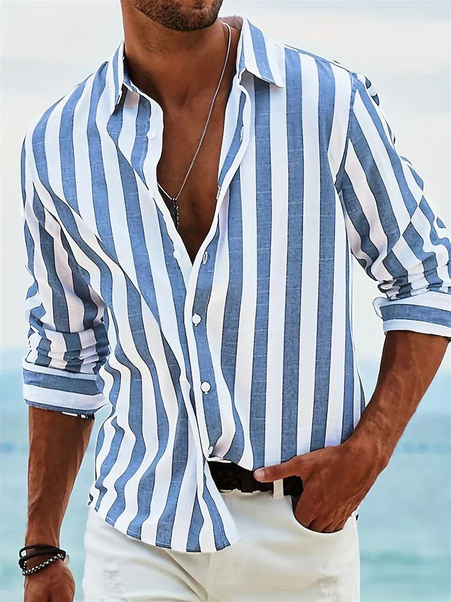 Wrenna Men's Summer Shirt – Light Blue Striped Cotton-Linen Blend with Easy Fit