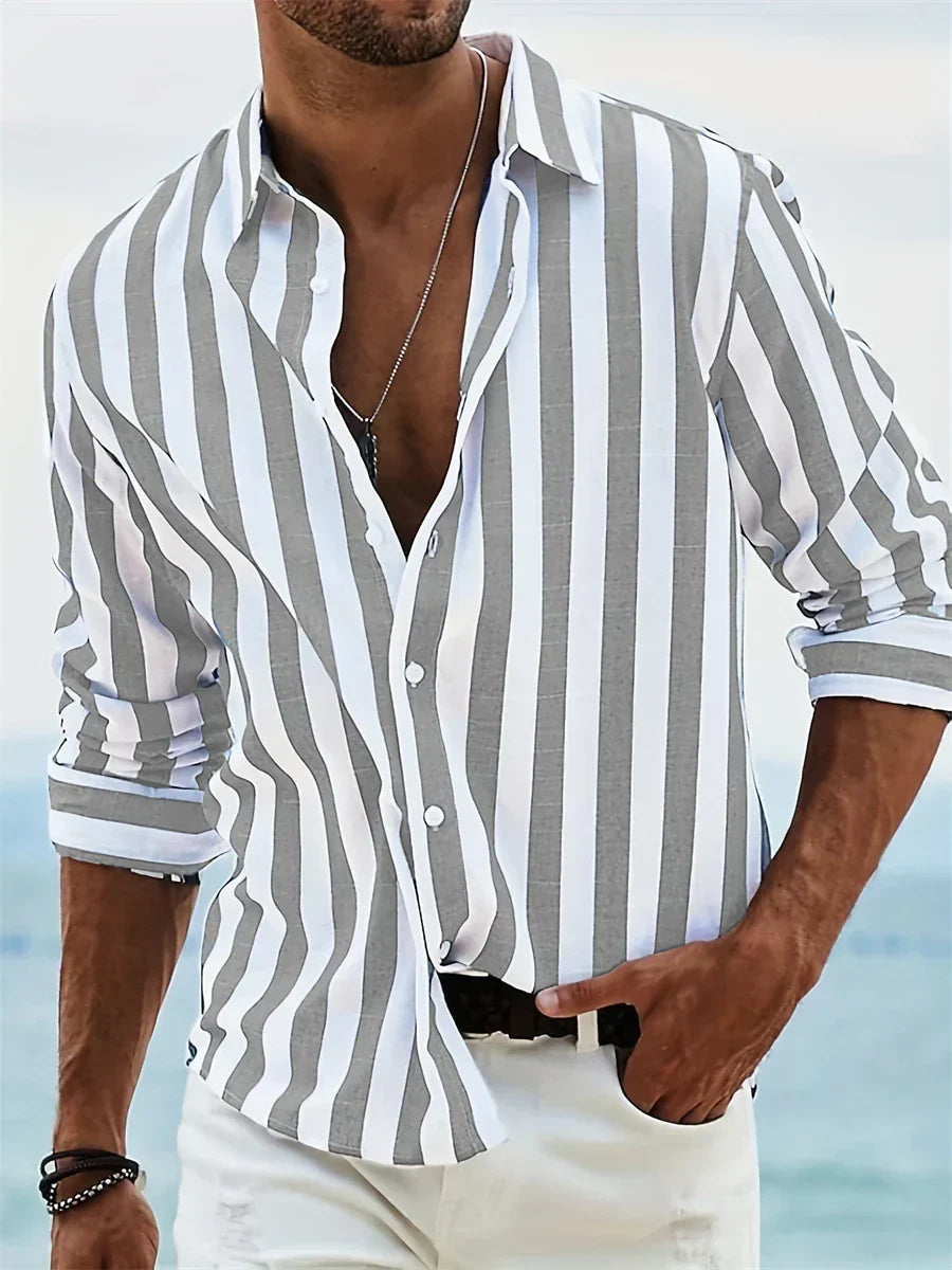 Wrenna Men's Summer Shirt – Light Blue Striped Cotton-Linen Blend with Easy Fit